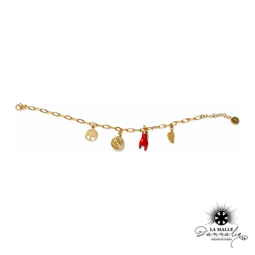 Bracelet breloques arbre de vie, main cornue et douille recyclée doré, porte-bonheur corse — La Malle d'Annalia Bastia