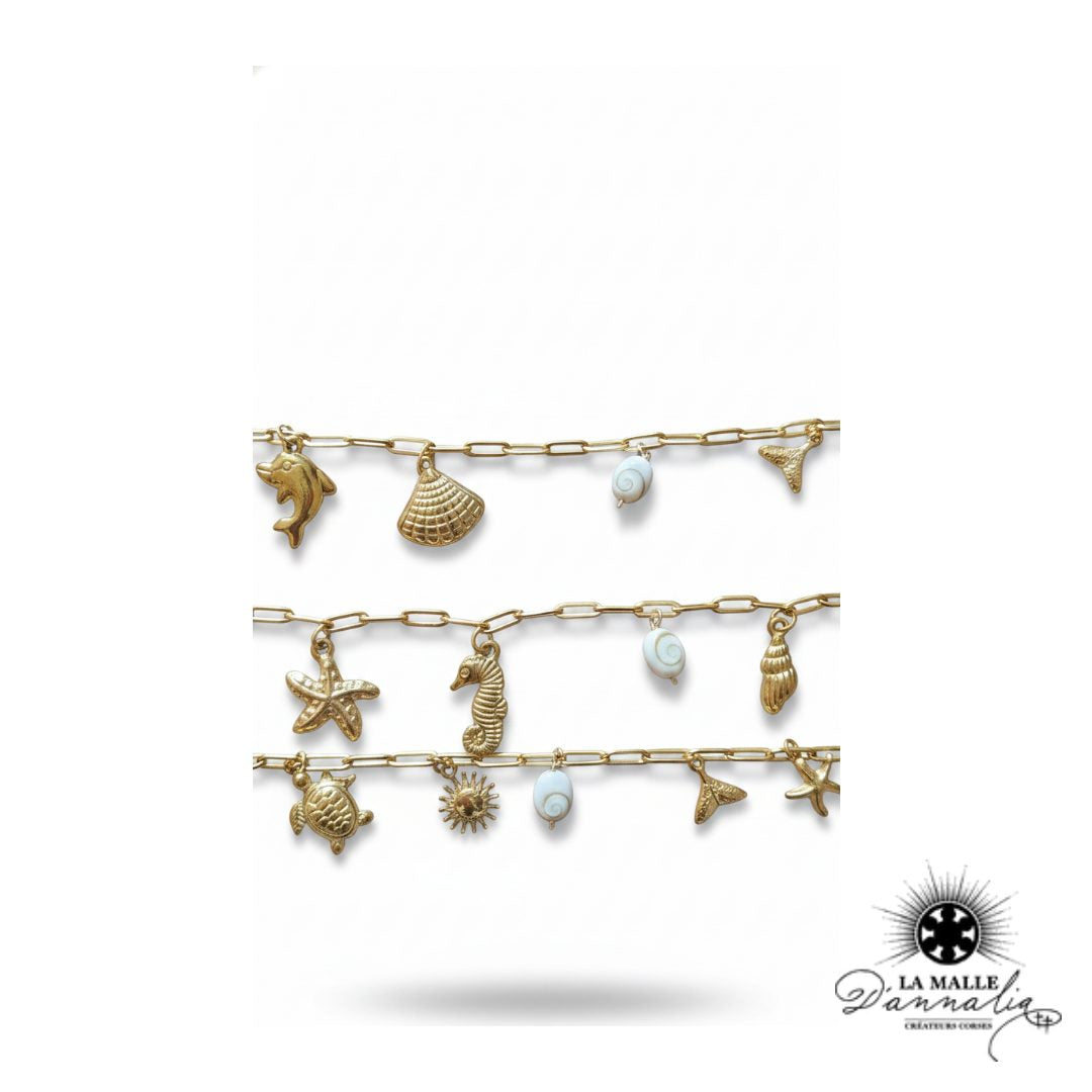 Bracelet Chaîne Trombone Dorée — Charms Marins & Coquillage Œil de Shiva
