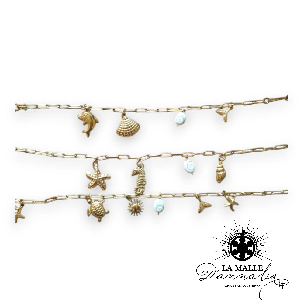 Bracelet Chaîne Trombone Dorée — Charms Marins & Coquillage Œil de Shiva
