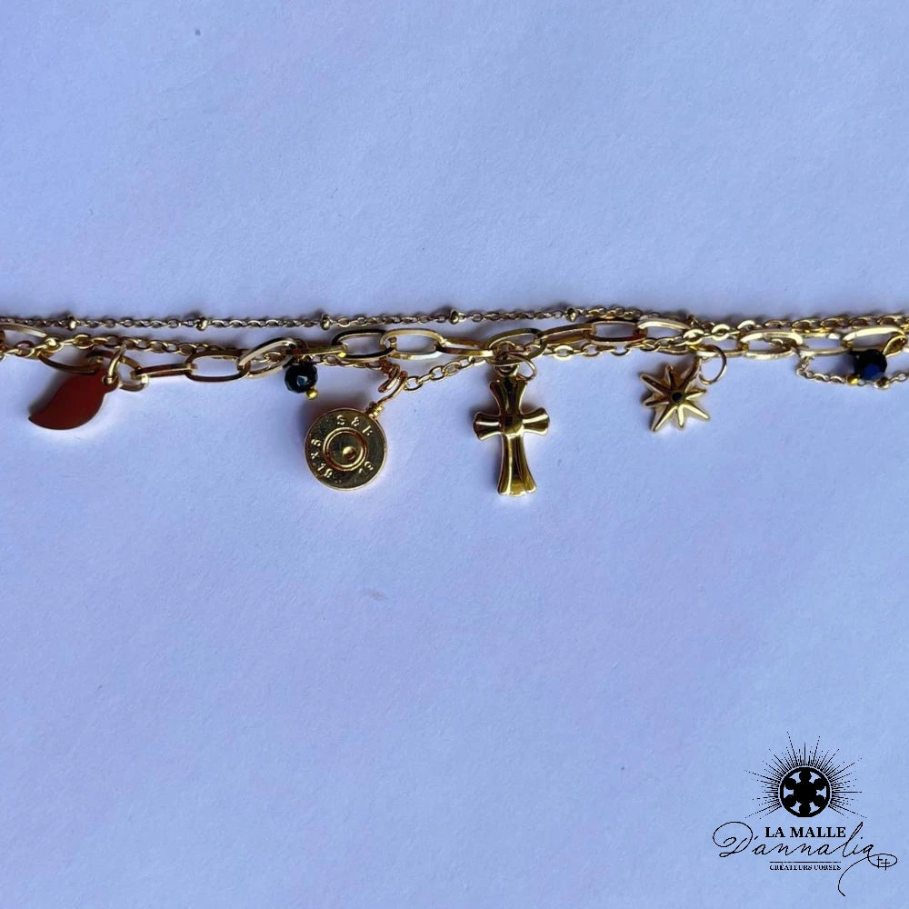bracelet acier-lamalledannalia-bijou-bracelet-douille-dore-bracelet-pampilles-croix-religieux-pierre noir