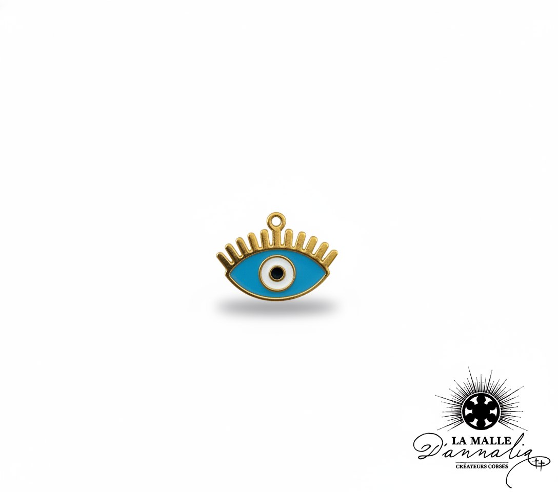 Pendentif breloque œil doré en émail bleu avec cils pour création bijoux lamalledannalia