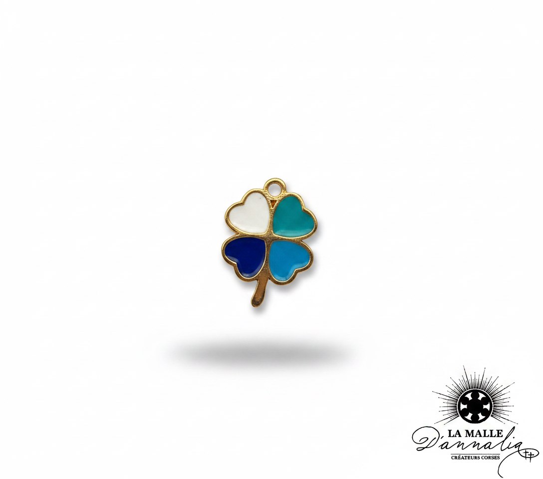 Pendentif trèfle doré émaillé aux quatre couleurs bleu, blanc et turquoise pour création de bijoux lamalledannalia
