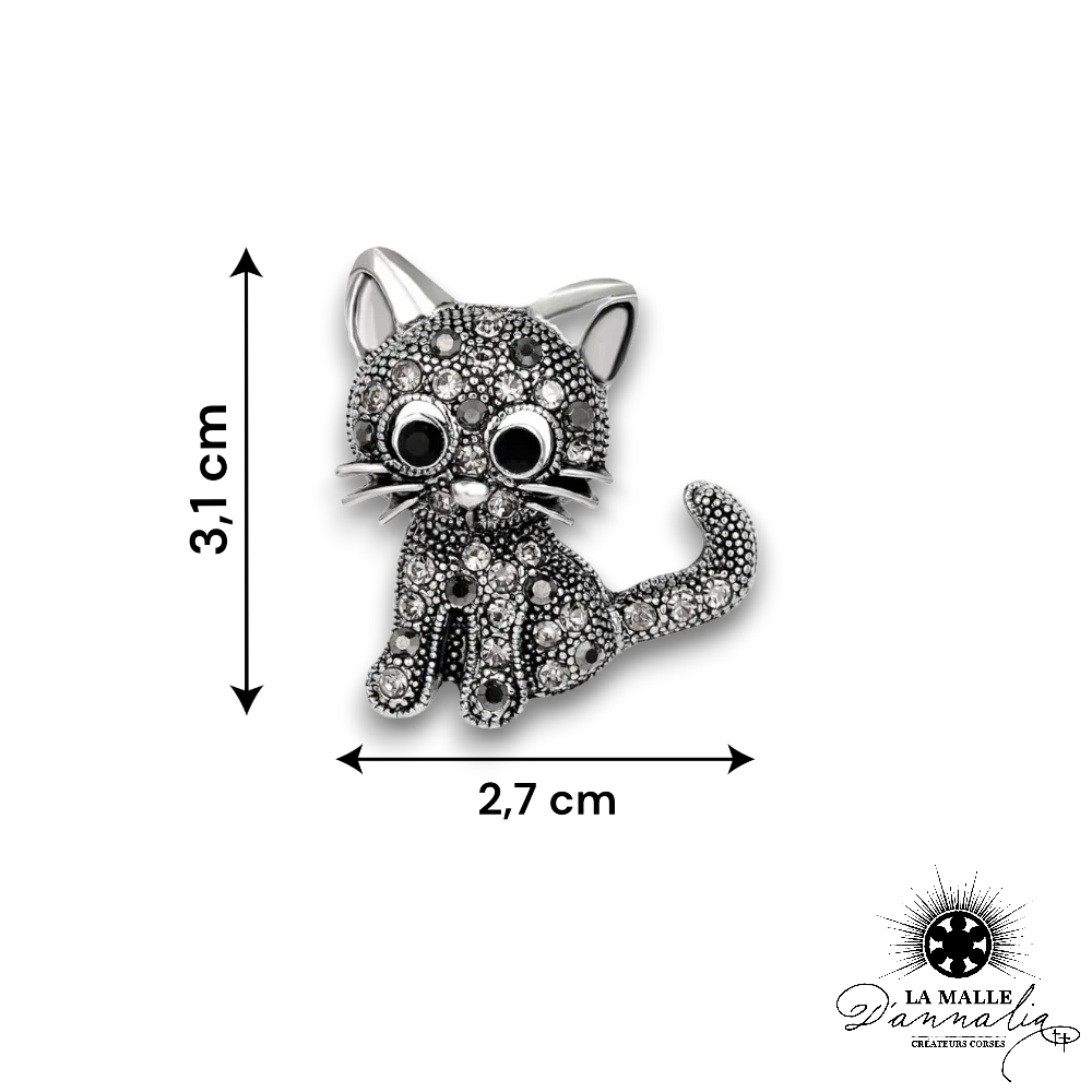 Broche chat strass argenté Broche feline