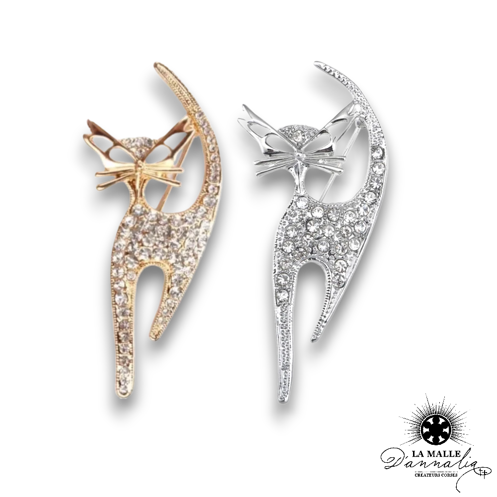 broche bijou chat strass dore fin lamalledannalia