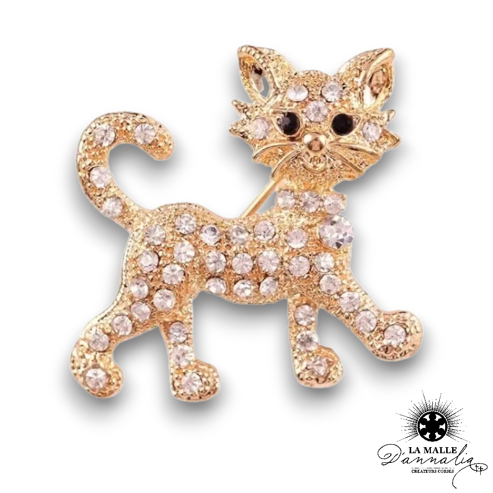 Broche Double Chat Strass Et émail Noir - Neuf Sans Emballage, Argenté, Matière émail