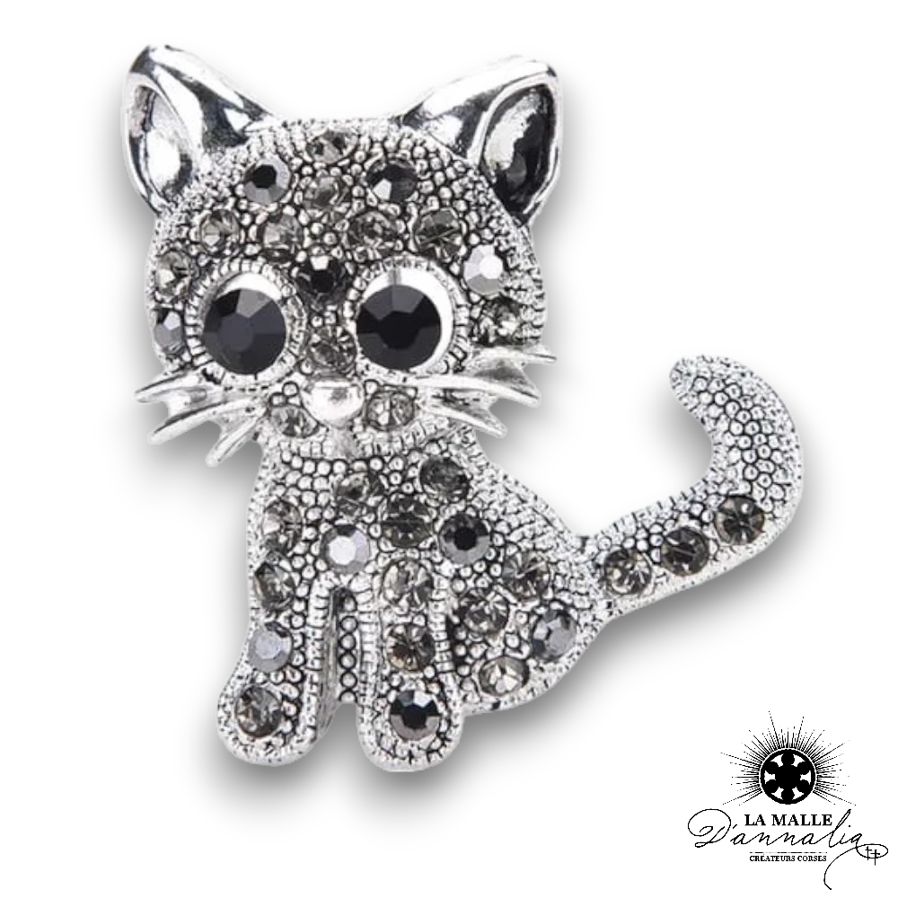 broche bijou chat strass gris lamalledannalia