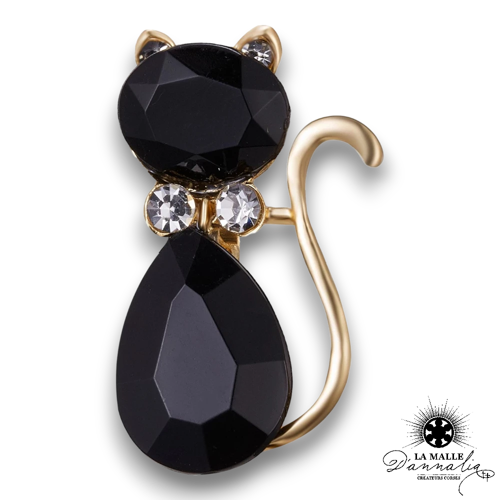 broche chat noir dore strass lamalledannalia