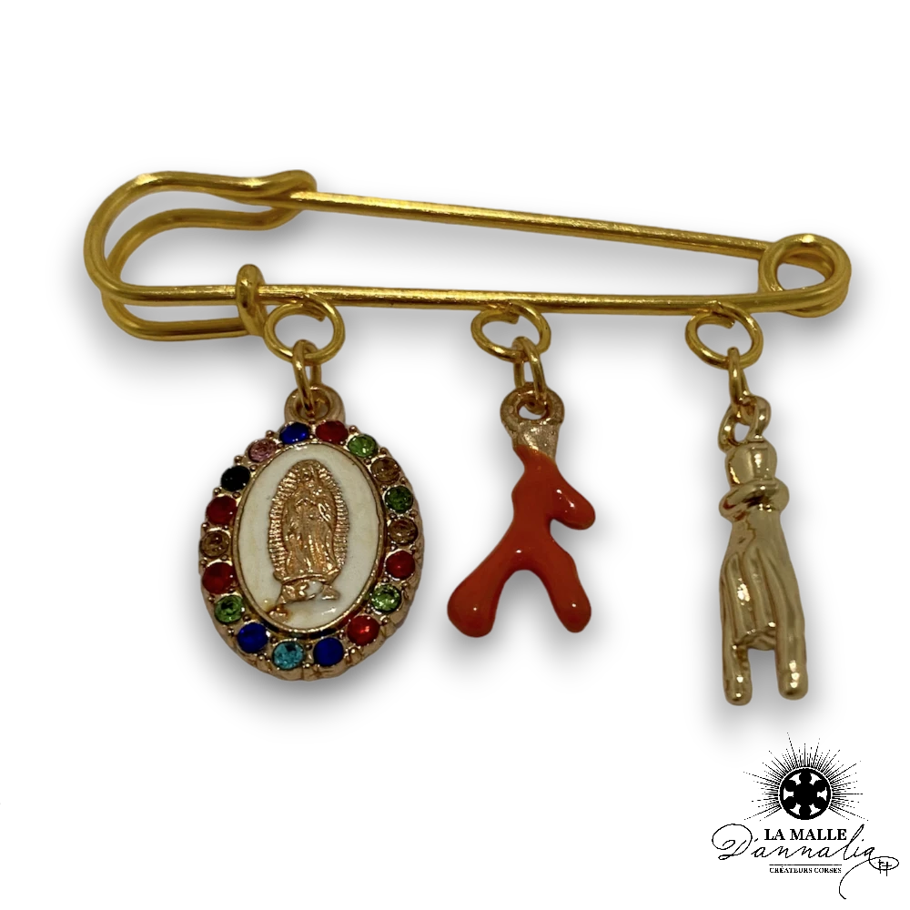 Broche porte-bonheur vierge corail — naissance corse fait main