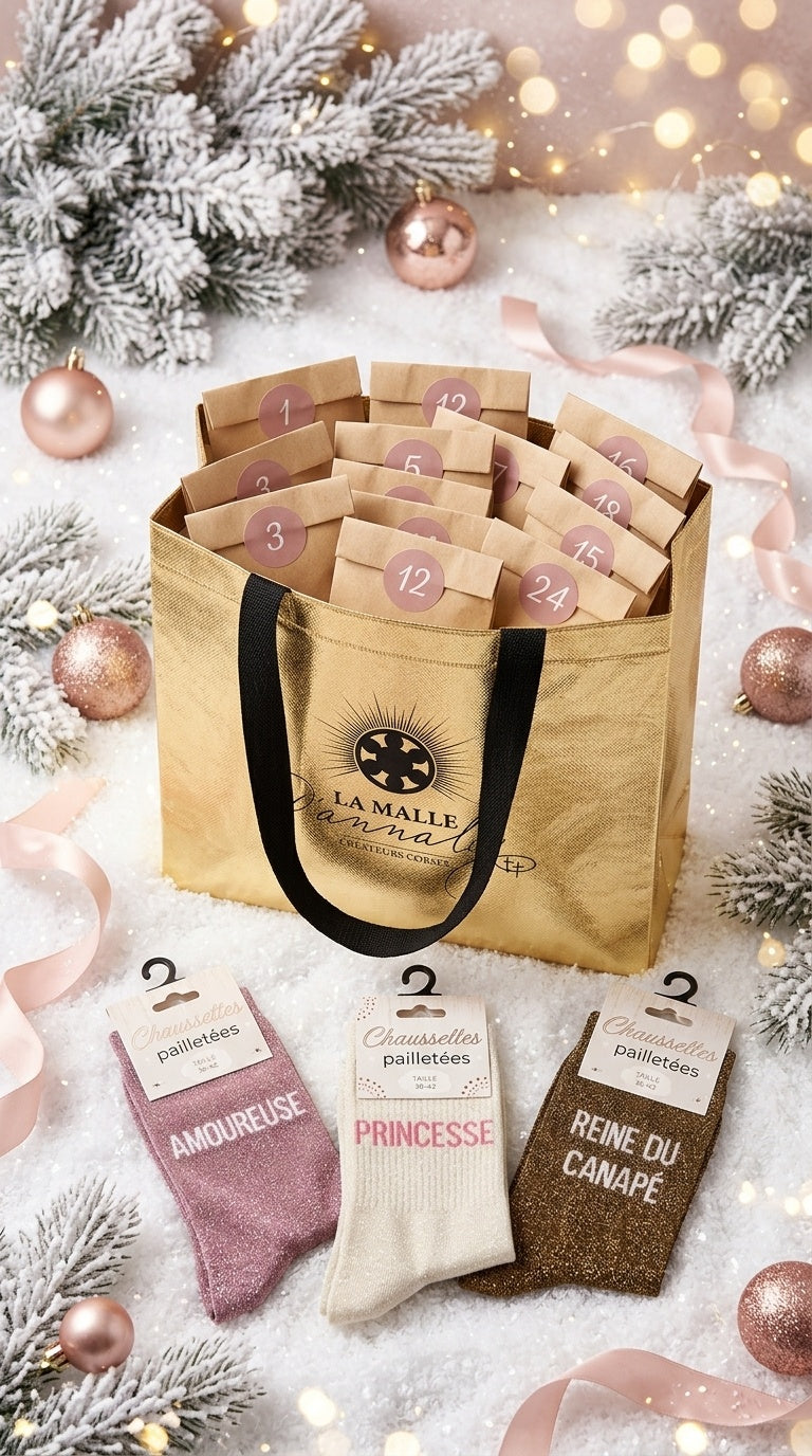 Chaussettes pailletées à messages du calendrier de l'Avent, pochettes numérotées dans le sac doré