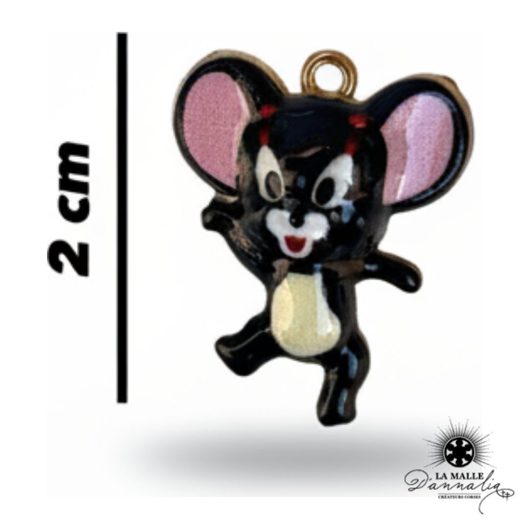 charm souris noire et rose émail 2cm bijou fantaisie acier inoxydable La Malle d'Annalia