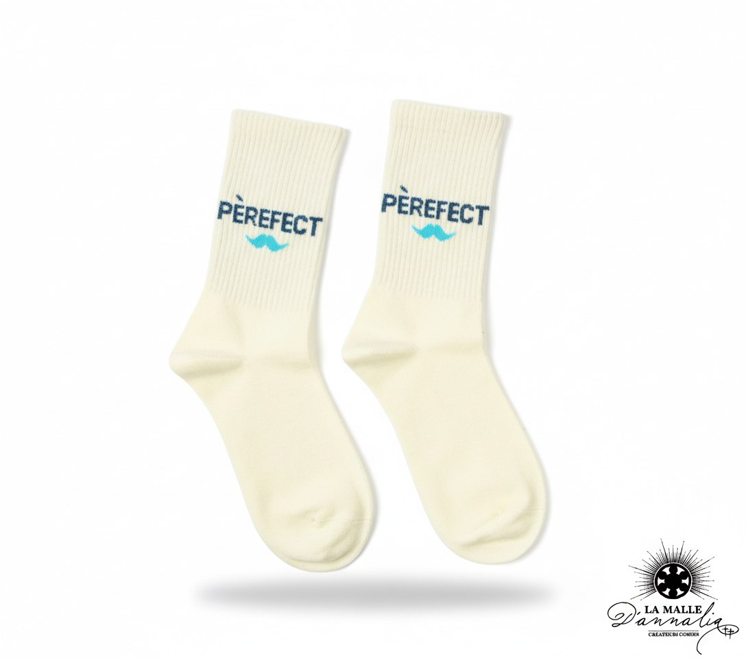 Chaussettes crème PÈREFE CT avec moustache turquoise et écriture bleue lamalledannalia