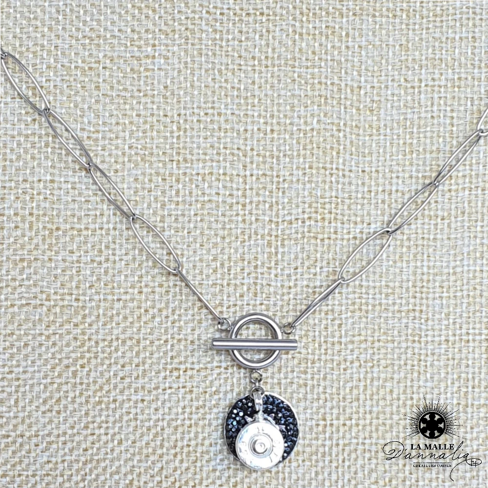 collier acier inoxydable creation corse douille breloque noir strass argent lamalledannalia