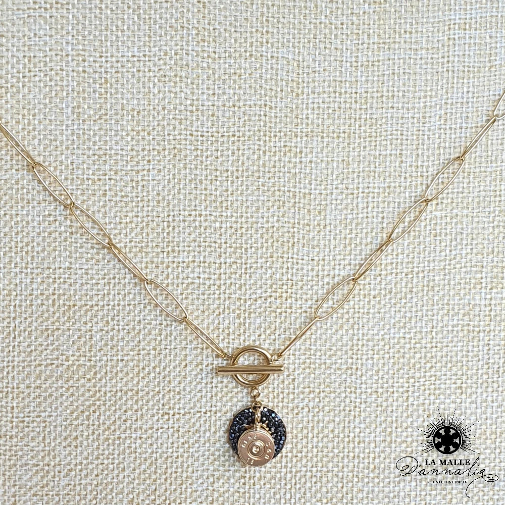 collier acier inoxydable creation corse douille breloque noir strass lamalledannalia