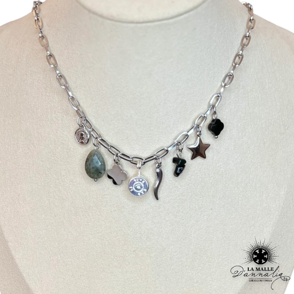 collier acier inoxydable chaine pierre breloque douille corne trefle lamalledannalia