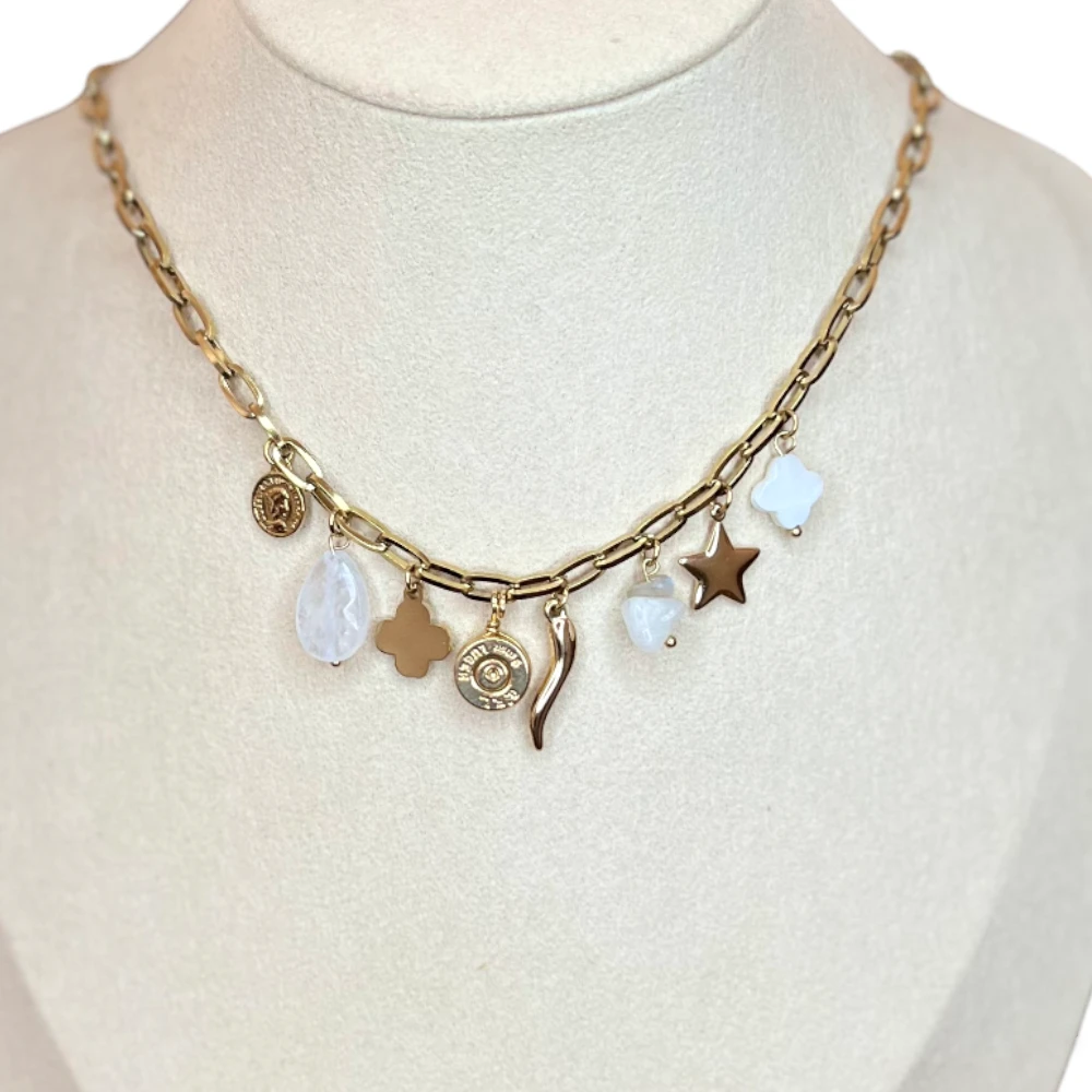 collier acier inoxydable chaine pierre breloque douille corne trefle lamalledannalia