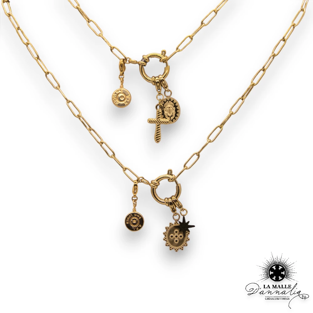 collier acier inoxydable scarabe fermoir douille dore charms lamalledannalia