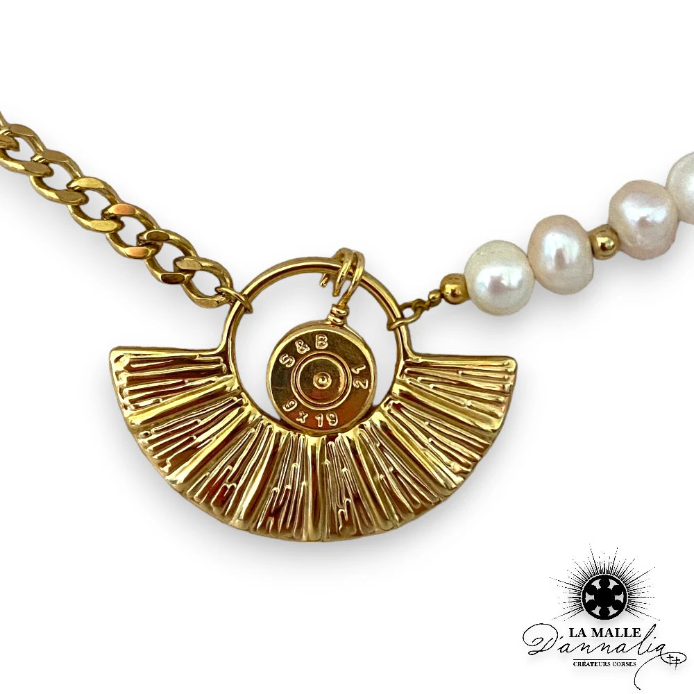 collier acier inoxydable feuille perle blanche douille createur corse lamalledannalia