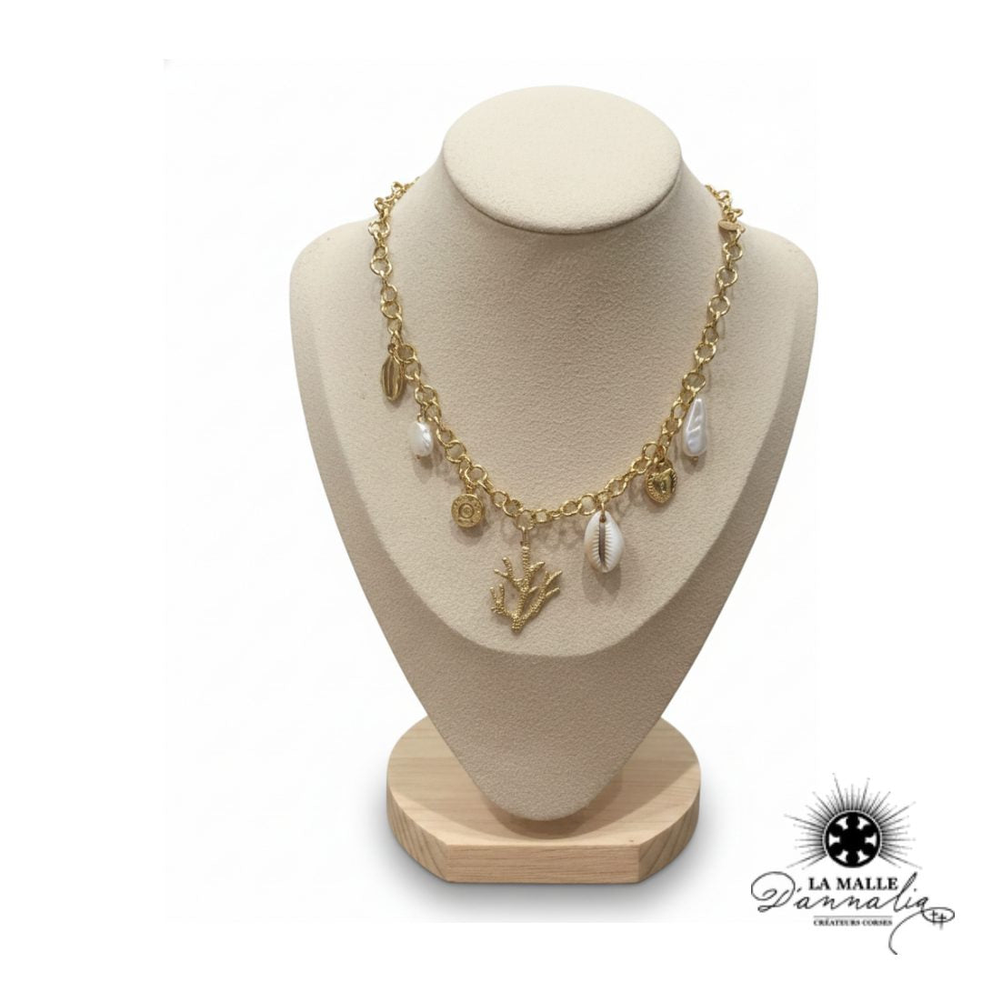 Collier Chaîne Jaseron Dorée — Douille Façonnée, Corail, Cauri & Perles