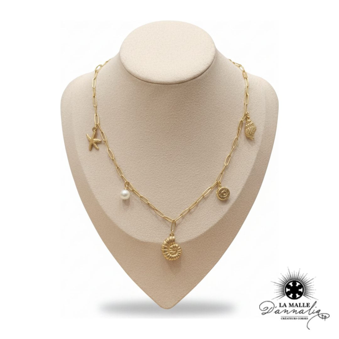 Collier Coquillage Spirale — Douille Façonnée, Étoile de Mer & Perle Blanche