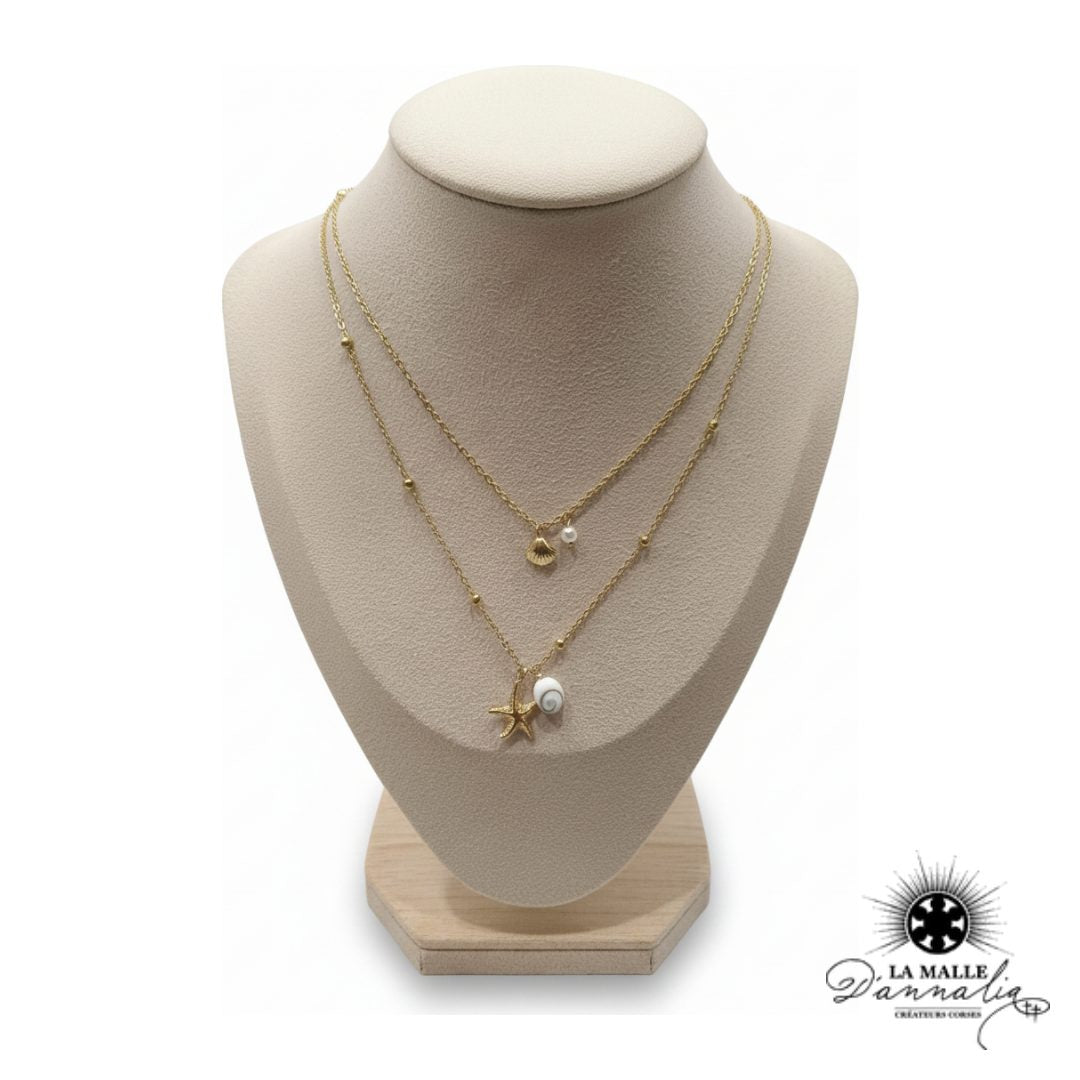 Collier Double Rang Doré — Étoile de Mer, Coquillage & Perle