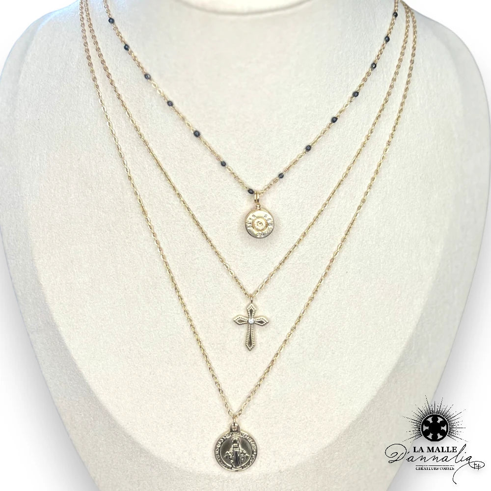 Collier création corse - Croix et Vierge Plaqué Or - Artisanat Corse