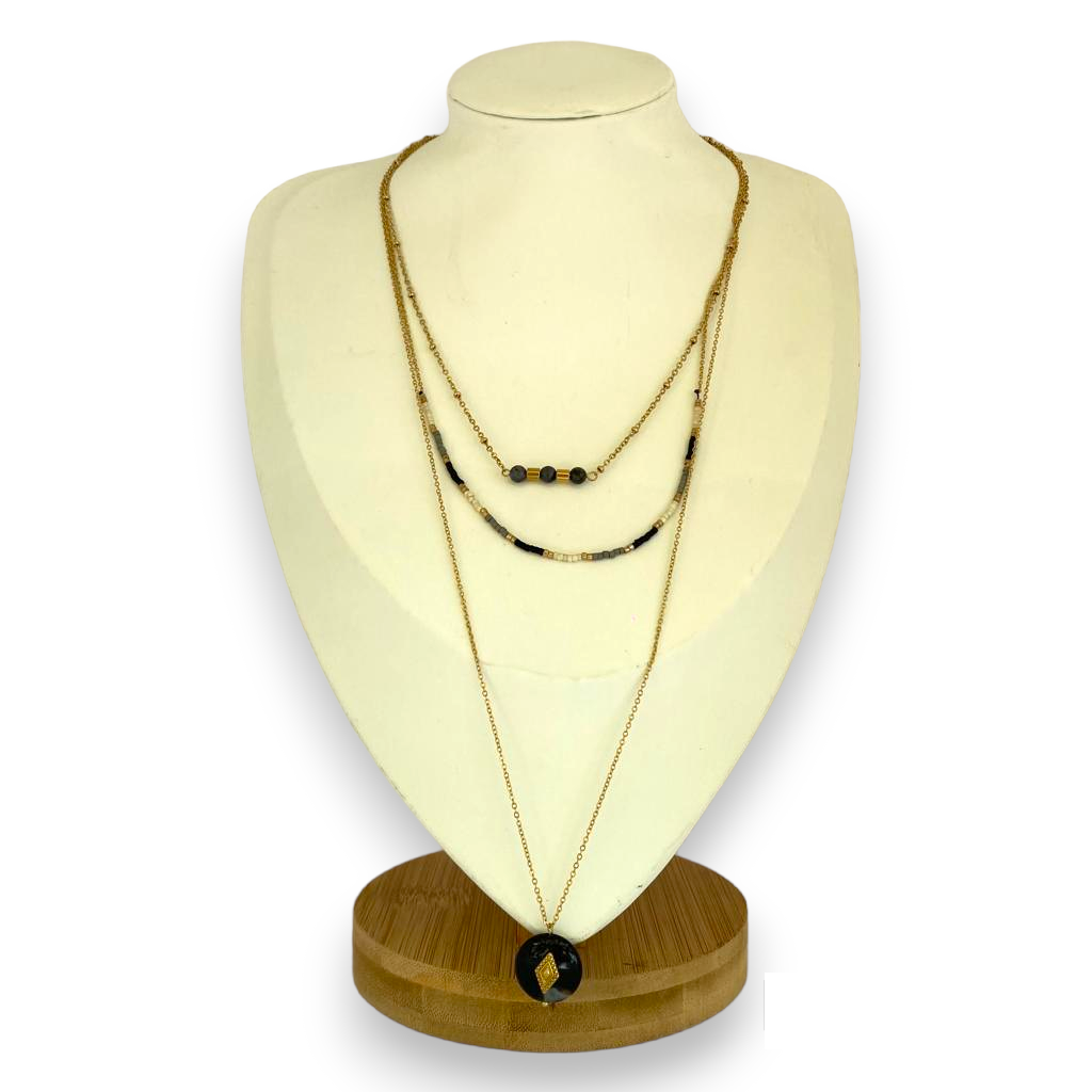 Collier Triple Rang Perles et Breloque acier inoxydable 316L