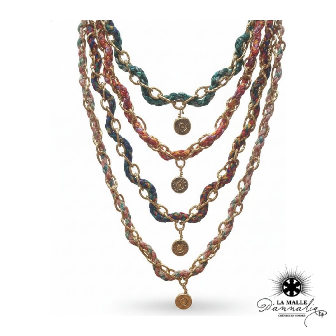 Collier Multi-rangs Chaînes & Fils Tressés — Pendentifs Douilles Recyclées