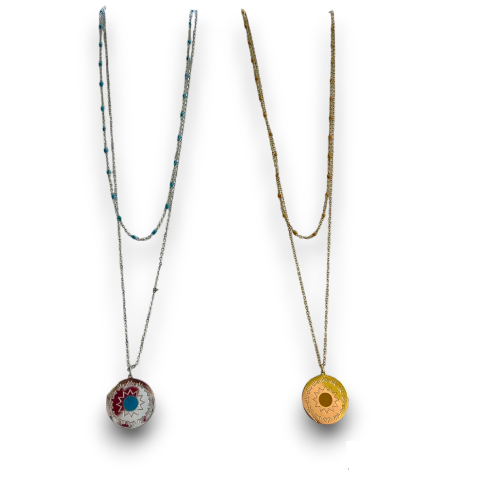 Collier Double Chaîne Breloque Soleil acier inoxydable