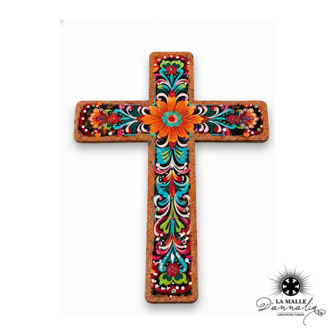Croix Décorative Murale Orange & Multicolore — Art Religieux Mexicain Bastia