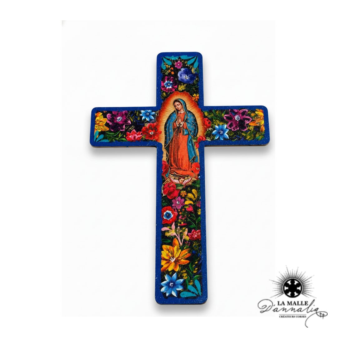Croix Décorative Murale Bleu & Multicolore — Art Religieux Mexicain Bastia