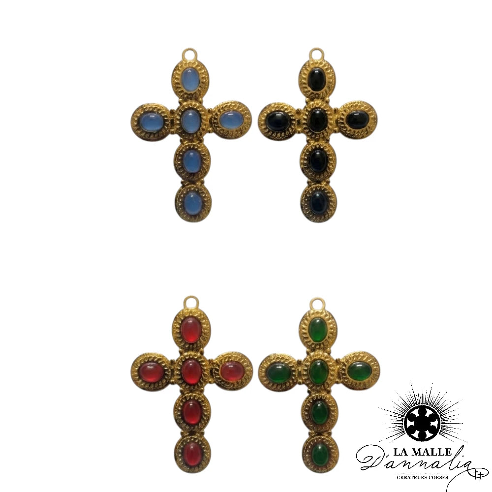 Breloque Grande Croix Dorée Pierres Scintillantes — 8 cm