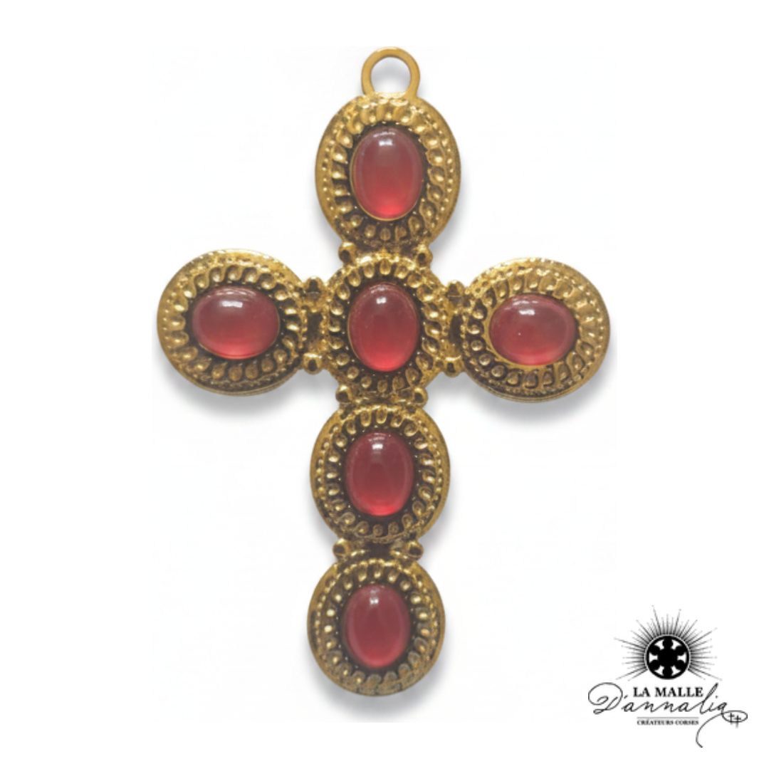 Breloque Grande Croix Dorée Pierres Scintillantes — 8 cm