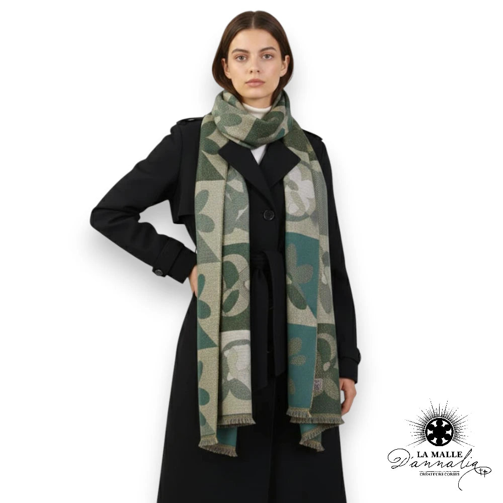 echarpes beige vert irisee hiver dore classique fleur graphisme vert polyester lurex chaud fleur lamalledannalia