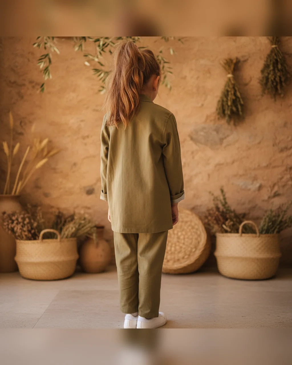 Ensemble bleu de chine kaki enfant Anticher porté veste pantalon col Mao tradition corse La Malle d'Annalia Bastia