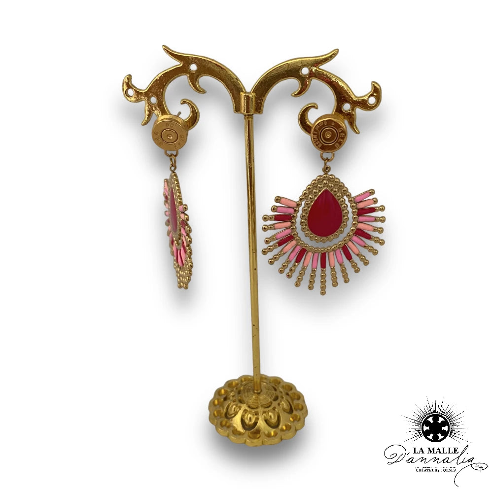 Boucles d’oreilles rouge et rose douille en plaqué or 3 microns fait à bastia