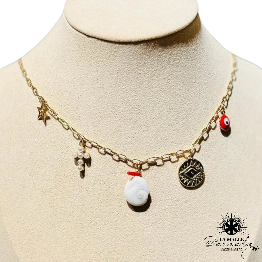 Collier en Acier Inoxydable avec Pampille et Breloques Protectrices Oeil de St Lucie