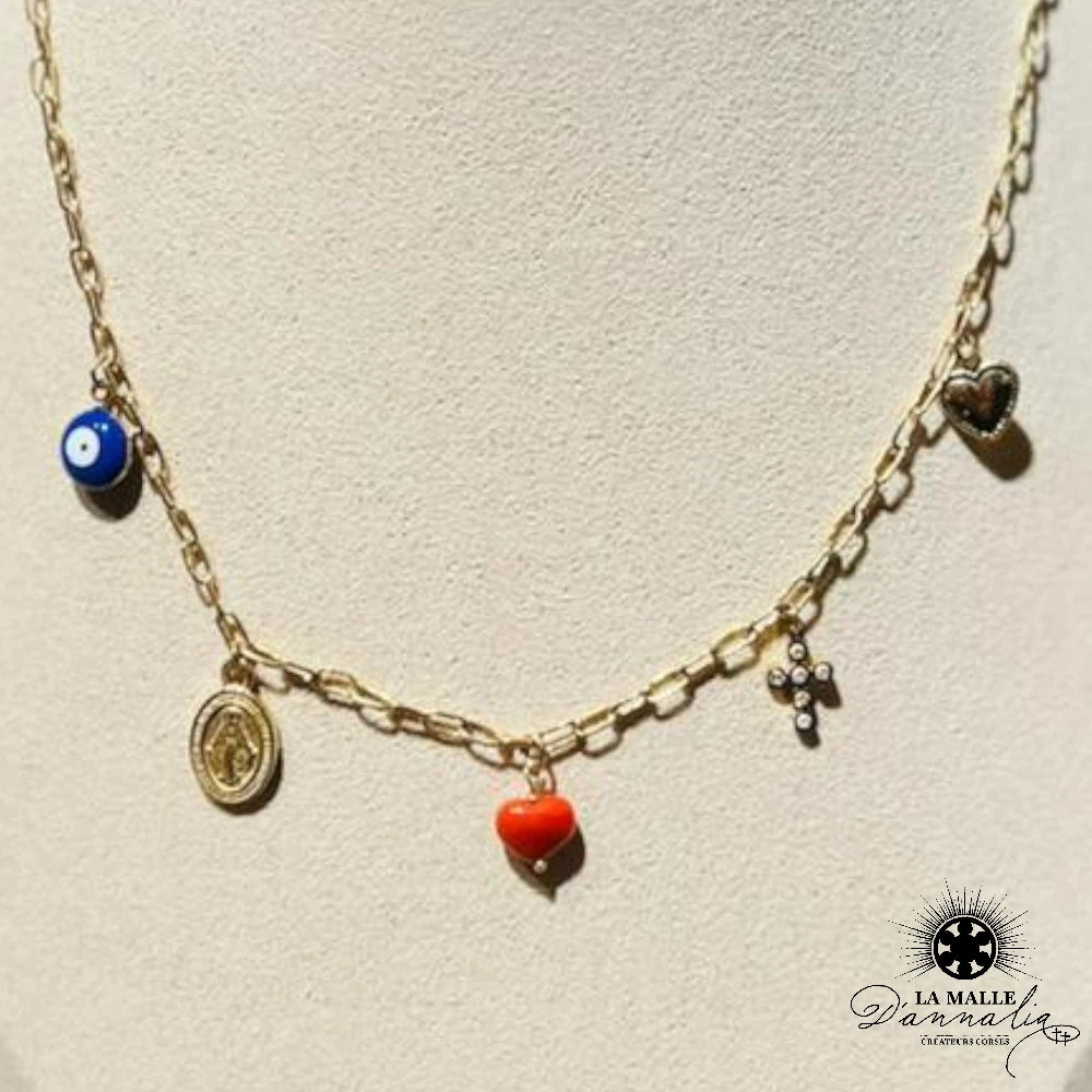 lamalledannalia-Collier-Acier-Inoxydable-Pampille-Breloques-abondance-oeil-Coeur-croix-vierge-Corail