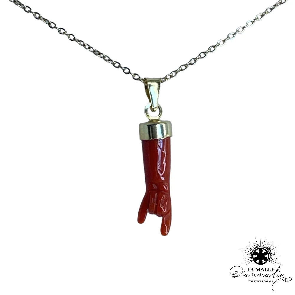 Collier Chaîne Acier Dorée & Pendentif Main Corse en Corail Rouge — Bastia