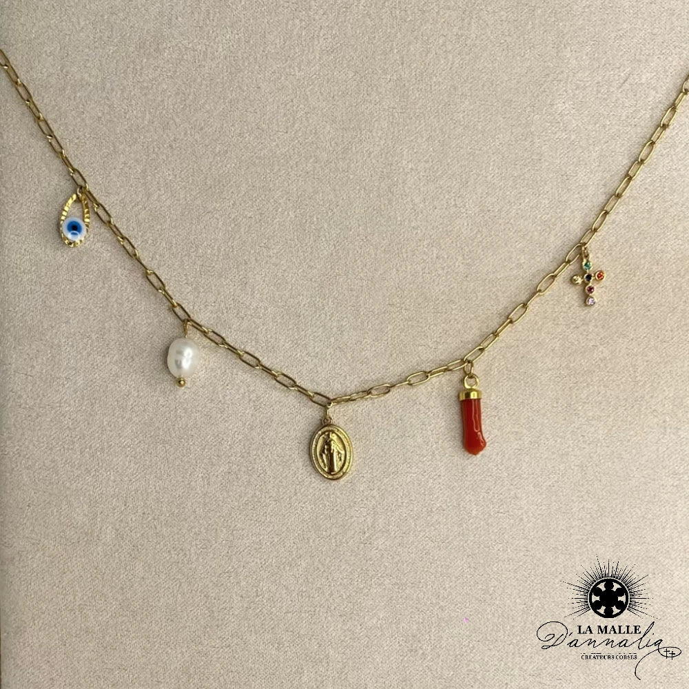 lamalledannalia-Collier-Acier-breloque-croix-oeil-vierge-Pendentif-Main-corail-rouge-Plaque-Or