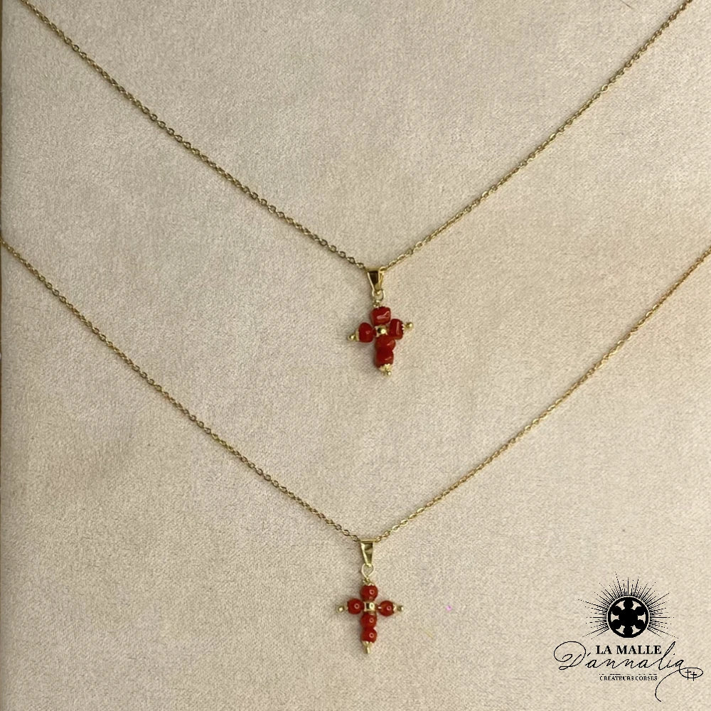 lamalledannalia-Collier-Chaîne-Acier-Pendentif-Croix-Corail-Rouge