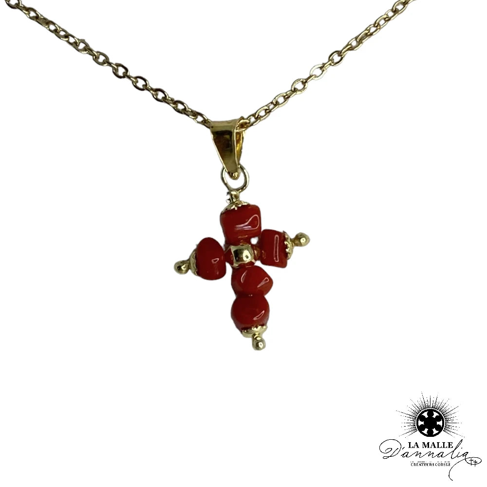 lamalledannalia-Collier-Chaîne-Acier-Pendentif-Croix-Corail-perle-Rouge