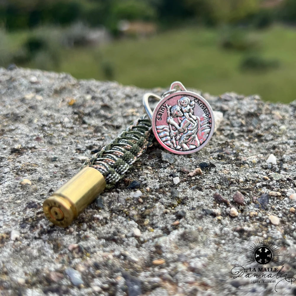 lamalledannalia-Porte-Cle-Douille-Revolver-Paracorde-Medaille-Saint-kaki-Christophe