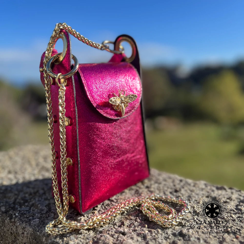 lamalledannalia-Sac-Abeille-cuir-Brillant-rose