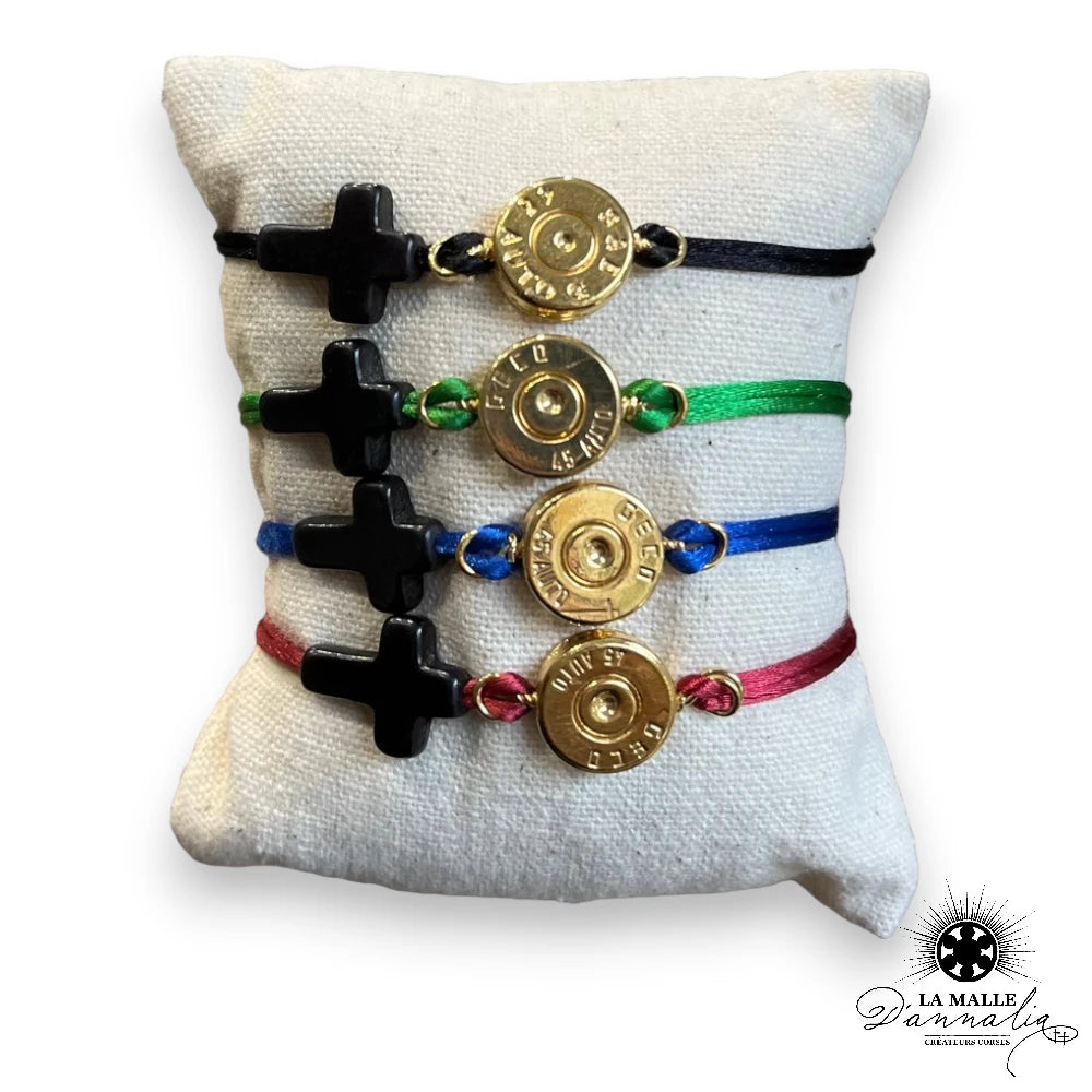 Bracelet Corde Douille Percutée 45 Auto Dorée à l'Or Fin et Croix noire
