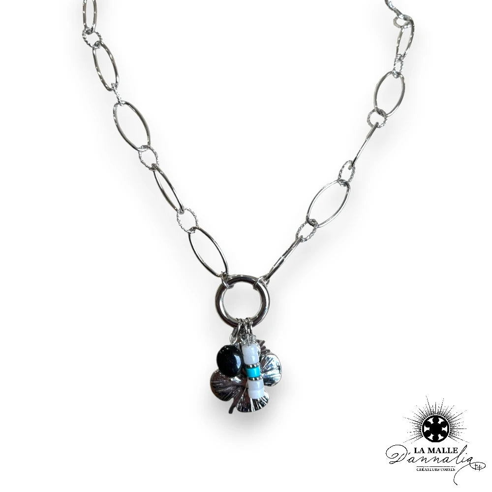 lamalledannalia-bijou-fantaisie-argent-trefle-Chaine-noir-bleu-AcierInoxydable