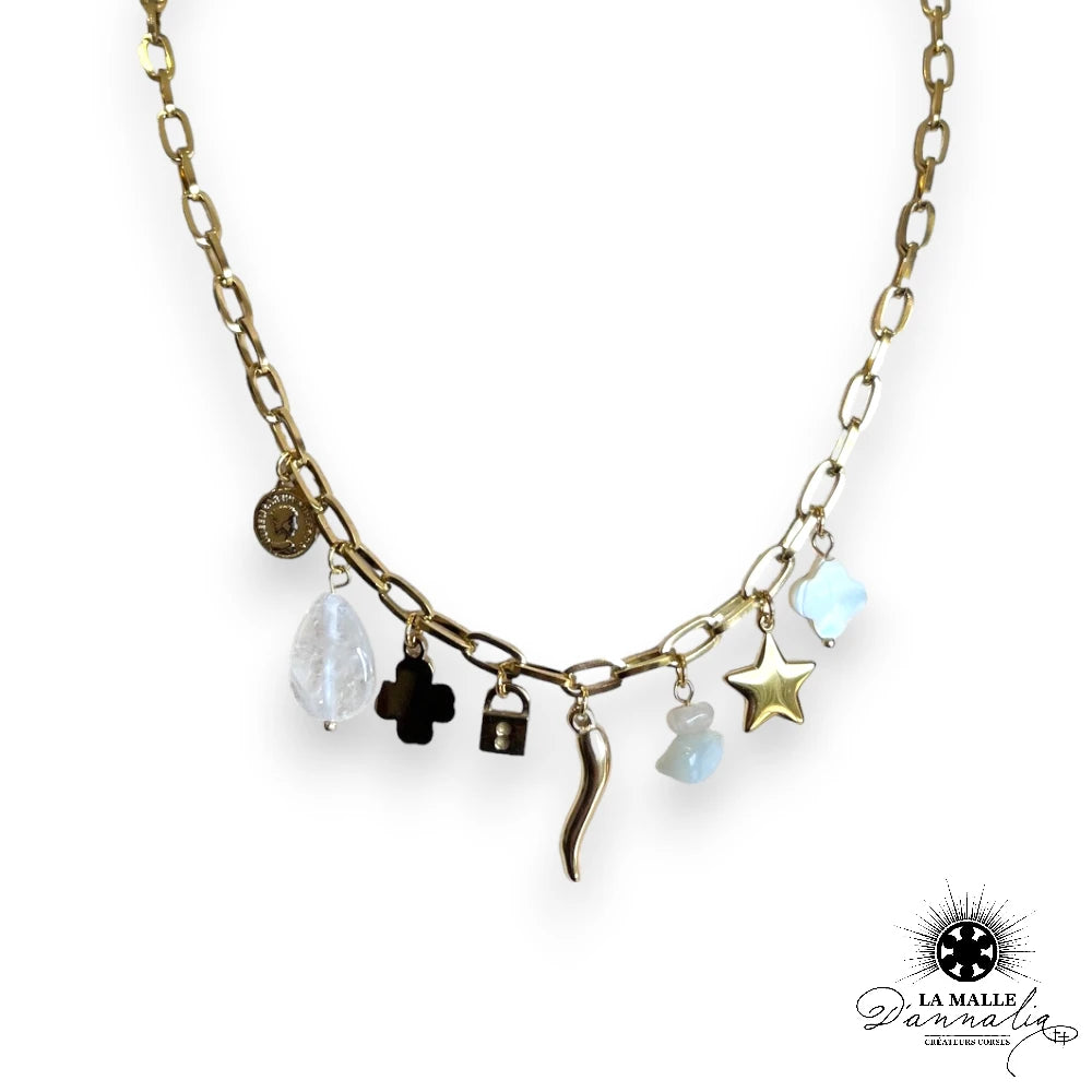 lamalledannalia-bijou-fantaisie-dore-trefle-Chaine-noir-bleu-AcierInoxydable-cadena-corne-etoile