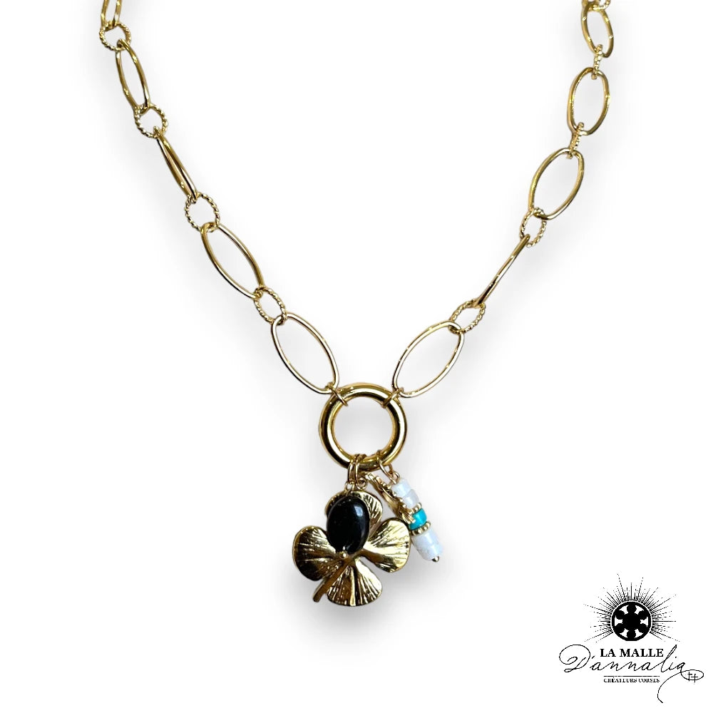 lamalledannalia-bijou-fantaisie-dore-trefle-Chaine-noir-bleu-AcierInoxydable