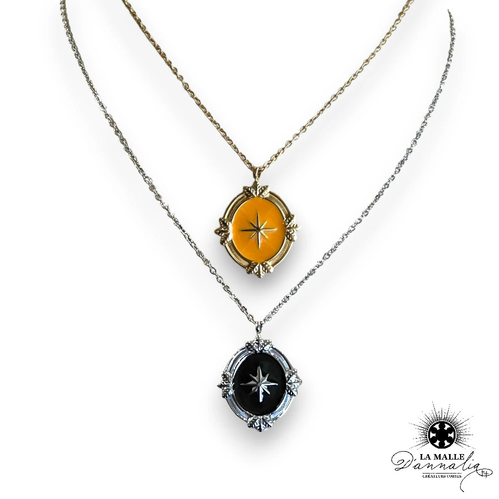 amalledannalia-bijou-fantaisie-strass-dore-argente-acierinoxydable-effetmiroir-orange-chainefine-chaine-etoile-orange-moutarde-colliermoutarde-collier-noir-colliernoir