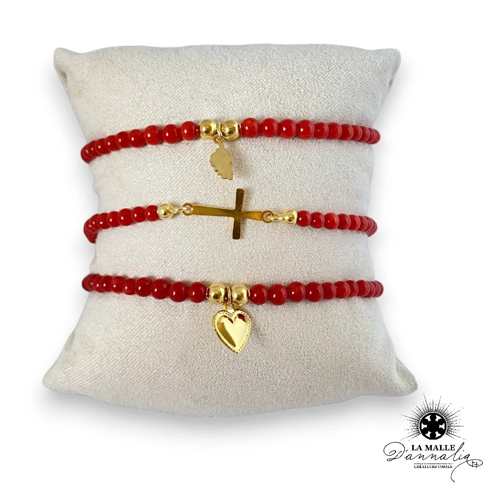bijoux bracelet corail acier inoxydable corail véritable pierre corail mediterannee breloque coeur corse croix lamalledannalia
