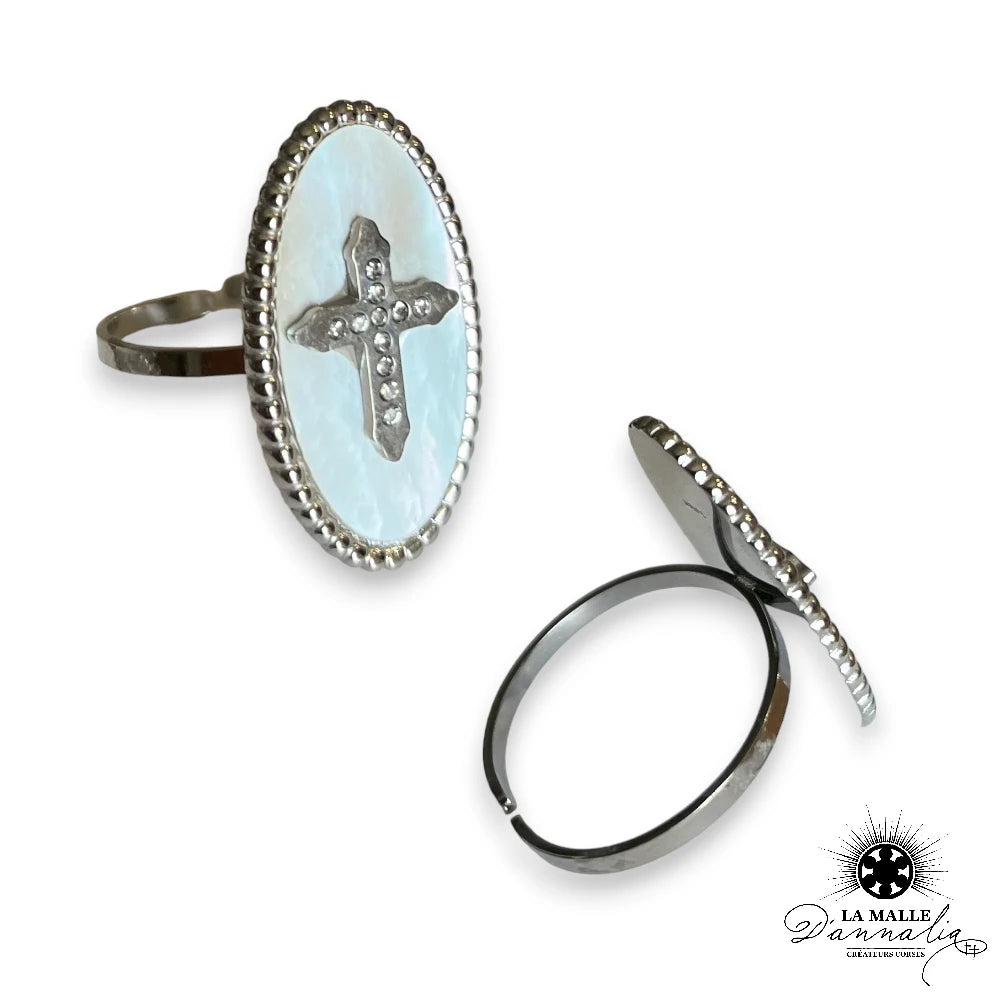 Bague grosse croix, strass et nacre, réglable et ajustable